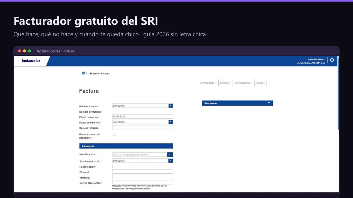 Pantalla de factura nueva del Facturador SRI, la herramienta gratuita de facturación electrónica del SRI en Ecuador