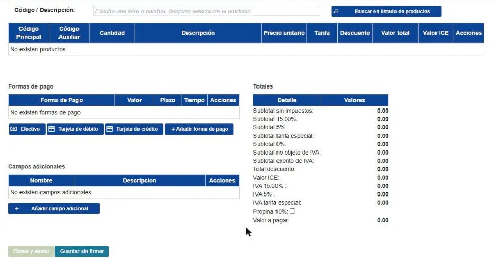 Detalle, formas de pago, campos adicionales y totales de una factura en el Facturador SRI