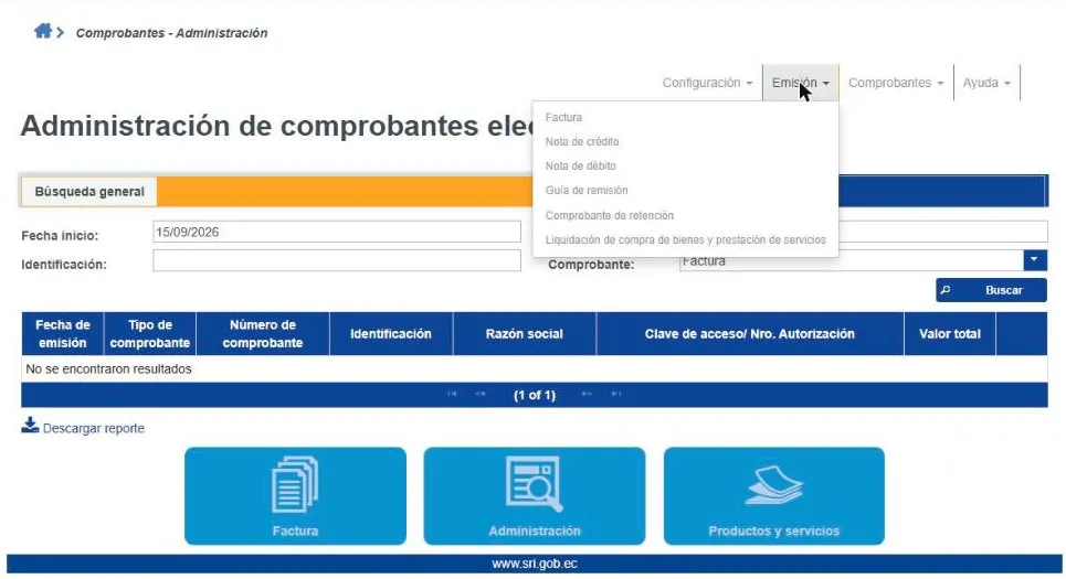 Menú Emisión del Facturador SRI con los seis comprobantes: factura, nota de crédito, nota de débito, guía de remisión, comprobante de retención y liquidación de compra