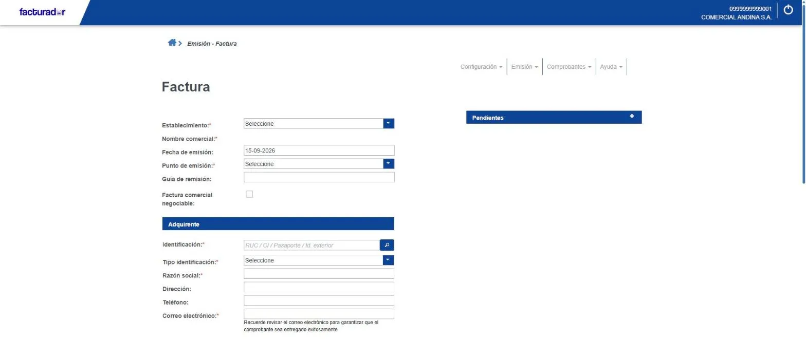 Pantalla de factura nueva del Facturador SRI: establecimiento, punto de emisión, fecha y datos del adquirente