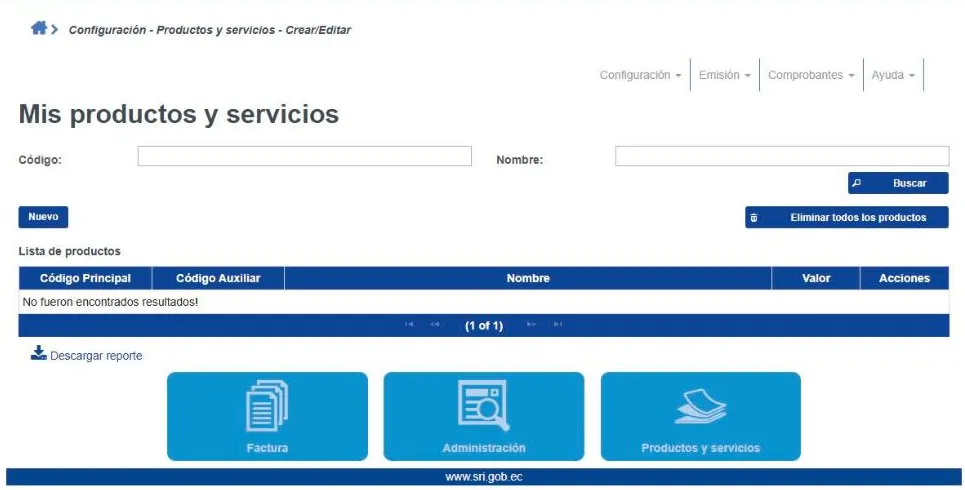 Pantalla Mis productos y servicios del Facturador SRI: código principal, código auxiliar, nombre y valor de cada producto